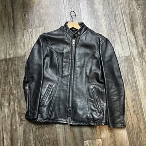 VTG Women’s Cafe Racer Leather Biker Jacket Motorcycle Black 50’s 60’s Size 15